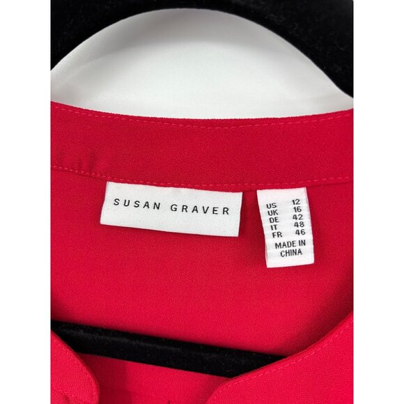 Susan Graver Split V-Neck Long Roll Tab Sleeve Button Blouse Top Red Size 12 - Picture 3 of 7